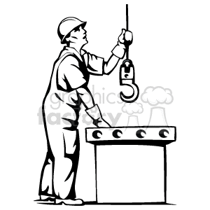 clipart - Black and white man holding a crane hook.