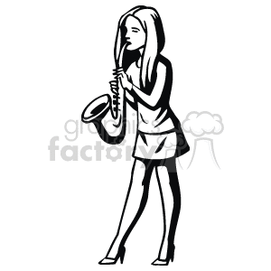 black and white image of a girl playing the saxophone  clipart. Commercial use image # 160597