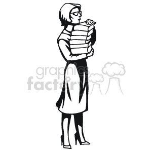 clipart - Black and white librarian holding a pile of books.