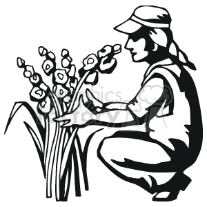 clipart - Black and white girl caring for flowers.