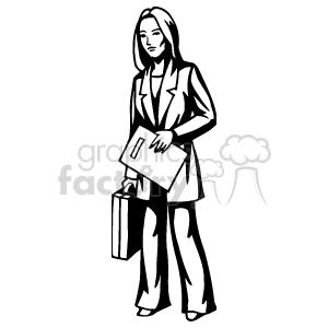 clipart - Black and white professional woman carrying a briefcase.