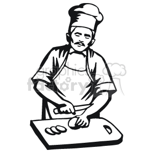 Black and white male chef slicing on a cutting board clipart. Royalty-free image # 160639