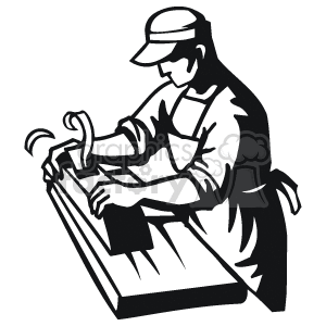 Black and white outline of a man using a wood planer clipart.