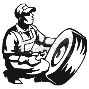 clipart - Black and white man working on a tire.