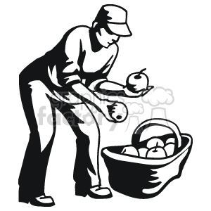 clipart - Black and white person picking apples.