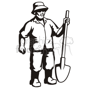 clipart - Black and white man holding a shovel.