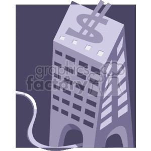 The image is a stylized clipart depicting a tall commercial building or skyscraper with a dollar sign ($), possibly representing a bank or financial institution. The image suggests themes of finance, economics, corporate business, and real estate.