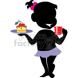 Girl holding a piece of cake and a cup clipart. Commercial use image # 162105