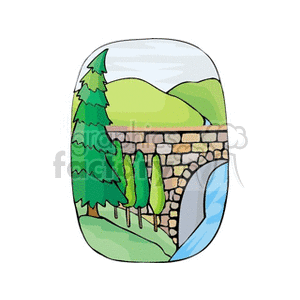 clipart - Bridge with trees and mountains in the background.