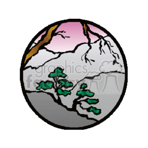 The clipart image depicts a stylized circular landscape scene. It features a mountain range with peaks, some of which are snow-capped, and several green trees on the slopes. The background includes a sky with a gradient of color, suggesting either sunrise or sunset.