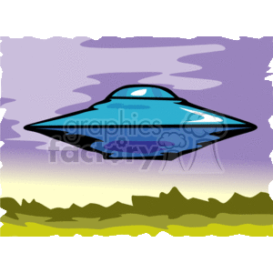 The image displays a stylized UFO (Unidentified Flying Object) hovering in a twilight or dusk sky with purple clouds. The spaceship is depicted in shades of blue and black and has a classic flying saucer design, typical of mid-20th-century science fiction. There are silhouetted landforms or foliage at the bottom, suggesting the UFO is close to the ground, perhaps about to land or having just taken off.