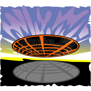 This clipart image features a stylized depiction of a classic flying saucer UFO commonly associated with extraterrestrial visitation in science fiction. The UFO is presented in an angled view, with an orange and black design that stands out against a background featuring an abstract representation of a burst of light or energy, possibly indicating an action such as landing or taking off. The UFO is also reflected on what appears to be a smooth and shiny surface below, adding to the otherworldly effect. There are no visible aliens or monsters in the image.