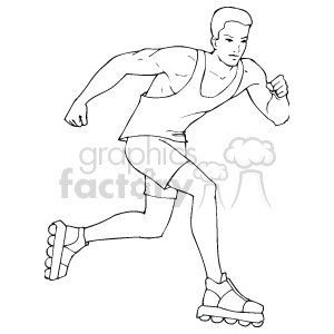 This clipart image depicts a male figure in an athletic pose who is rollerblading. He is wearing a sleeveless top, shorts, and rollerblades on his feet.