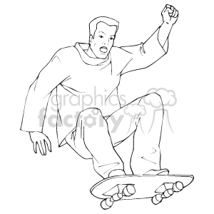 The clipart image depicts a male skateboarder performing a maneuver on a skateboard. He appears to be in motion, as indicated by the pose that shows one leg bent and the other extended, with arms outstretched for balance. The figure is simplified with minimal detail, typical of clipart style, capturing the essence of skateboarding action.