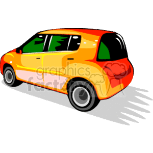 The clipart image shows a stylized representation of a compact car, featuring bright orange and yellow coloration with hints of pink on the sides. The wheels are simple, and the windows appear to reflect greenery, suggesting the car is in motion or outdoors. The car is depicted at a three-quarter angle, giving a view of both its side and front. The image also includes motion lines at the rear, indicating speed.