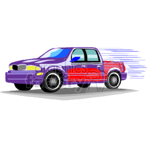 The clipart image shows a stylized illustration of a purple and red pickup truck with speed lines indicating motion. The truck appears to be drawn in a cartoon-like style, emphasizing a sense of movement and transportation.