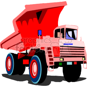 The clipart image depicts a red dump truck, a type of heavy equipment commonly used in construction for transporting materials. The truck has a large dumping bed, which is angled upwards as if ready to unload its contents. It has a prominent cab at the front and sturdy wheels designed for heavy-duty operations.