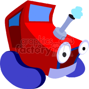 This clipart image features a stylized, anthropomorphic red tractor with blue windows. The tractor has eyes and a mouth, giving it a cartoonish, lively appearance. It also has a black exhaust pipe with a puff of smoke coming out, indicating it is running, and it's set on a simple blue silhouette that suggests tracks or wheels.