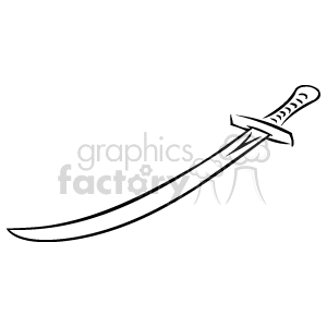 The image appears to be a simple black and white line drawing of a sword. It features a curved blade and a detailed hilt with a cross-guard. There are no additional elements or details in the background; it is a standalone depiction of the weapon.