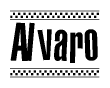 The image is a black and white clipart of the text Alvaro in a bold, italicized font. The text is bordered by a dotted line on the top and bottom, and there are checkered flags positioned at both ends of the text, usually associated with racing or finishing lines.
