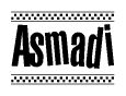 The clipart image displays the text Asmadi in a bold, stylized font. It is enclosed in a rectangular border with a checkerboard pattern running below and above the text, similar to a finish line in racing. 