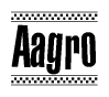 The image contains the text Aagro in a bold, stylized font, with a checkered flag pattern bordering the top and bottom of the text.