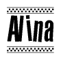 The clipart image displays the text Alina in a bold, stylized font. It is enclosed in a rectangular border with a checkerboard pattern running below and above the text, similar to a finish line in racing. 