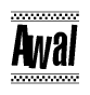 The clipart image displays the text Awal in a bold, stylized font. It is enclosed in a rectangular border with a checkerboard pattern running below and above the text, similar to a finish line in racing. 
