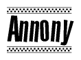 The image contains the text Annony in a bold, stylized font, with a checkered flag pattern bordering the top and bottom of the text.
