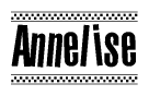 The image is a black and white clipart of the text Annelise in a bold, italicized font. The text is bordered by a dotted line on the top and bottom, and there are checkered flags positioned at both ends of the text, usually associated with racing or finishing lines.