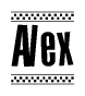 The clipart image displays the text Alex in a bold, stylized font. It is enclosed in a rectangular border with a checkerboard pattern running below and above the text, similar to a finish line in racing. 