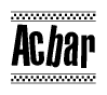 The image is a black and white clipart of the text Acbar in a bold, italicized font. The text is bordered by a dotted line on the top and bottom, and there are checkered flags positioned at both ends of the text, usually associated with racing or finishing lines.