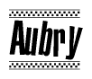 The clipart image displays the text Aubry in a bold, stylized font. It is enclosed in a rectangular border with a checkerboard pattern running below and above the text, similar to a finish line in racing. 
