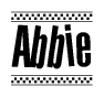 The image contains the text Abbie in a bold, stylized font, with a checkered flag pattern bordering the top and bottom of the text.