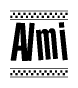 The clipart image displays the text Almi in a bold, stylized font. It is enclosed in a rectangular border with a checkerboard pattern running below and above the text, similar to a finish line in racing. 