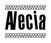 The image is a black and white clipart of the text Alecia in a bold, italicized font. The text is bordered by a dotted line on the top and bottom, and there are checkered flags positioned at both ends of the text, usually associated with racing or finishing lines.