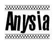 The image contains the text Anysia in a bold, stylized font, with a checkered flag pattern bordering the top and bottom of the text.