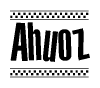 The image is a black and white clipart of the text Ahuoz in a bold, italicized font. The text is bordered by a dotted line on the top and bottom, and there are checkered flags positioned at both ends of the text, usually associated with racing or finishing lines.