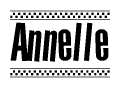 The image is a black and white clipart of the text Annelle in a bold, italicized font. The text is bordered by a dotted line on the top and bottom, and there are checkered flags positioned at both ends of the text, usually associated with racing or finishing lines.