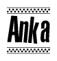 The image is a black and white clipart of the text Anka in a bold, italicized font. The text is bordered by a dotted line on the top and bottom, and there are checkered flags positioned at both ends of the text, usually associated with racing or finishing lines.