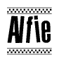 The image contains the text Alfie in a bold, stylized font, with a checkered flag pattern bordering the top and bottom of the text.