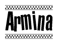 The image contains the text Armina in a bold, stylized font, with a checkered flag pattern bordering the top and bottom of the text.