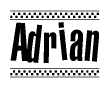 The image contains the text Adrian in a bold, stylized font, with a checkered flag pattern bordering the top and bottom of the text.