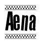 The image is a black and white clipart of the text Aena in a bold, italicized font. The text is bordered by a dotted line on the top and bottom, and there are checkered flags positioned at both ends of the text, usually associated with racing or finishing lines.