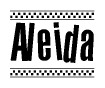 The image is a black and white clipart of the text Aleida in a bold, italicized font. The text is bordered by a dotted line on the top and bottom, and there are checkered flags positioned at both ends of the text, usually associated with racing or finishing lines.