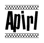 The image contains the text Apirl in a bold, stylized font, with a checkered flag pattern bordering the top and bottom of the text.