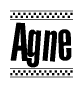 The image contains the text Agne in a bold, stylized font, with a checkered flag pattern bordering the top and bottom of the text.