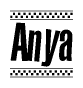The image is a black and white clipart of the text Anya in a bold, italicized font. The text is bordered by a dotted line on the top and bottom, and there are checkered flags positioned at both ends of the text, usually associated with racing or finishing lines.