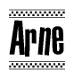 The image is a black and white clipart of the text Arne in a bold, italicized font. The text is bordered by a dotted line on the top and bottom, and there are checkered flags positioned at both ends of the text, usually associated with racing or finishing lines.