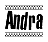 The image contains the text Andra in a bold, stylized font, with a checkered flag pattern bordering the top and bottom of the text.